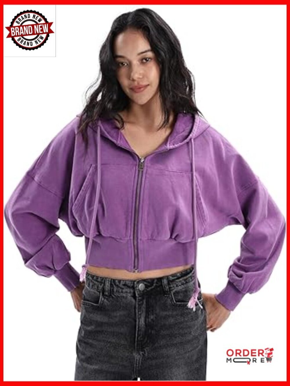 Retro Vintage Crop Hoodie with Pockets - Lightweight Zip Up Pullover Sweatshirt